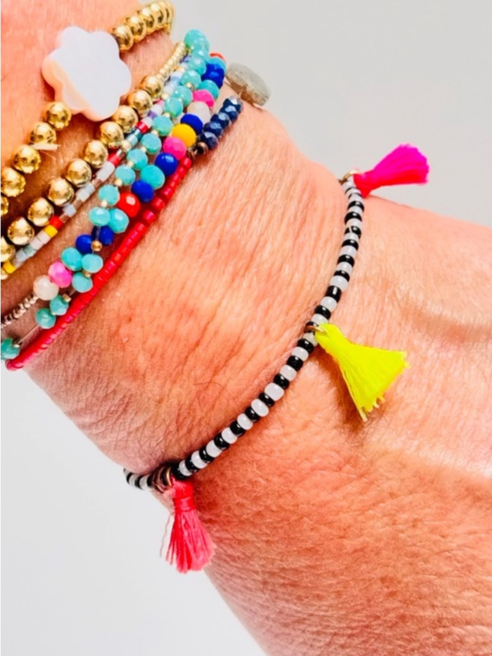 BAUBLEBAR Black & White Beaded Bracelet w Neon Pink & Yellow Tassels